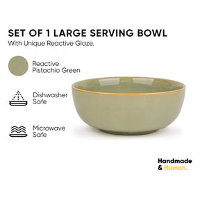 Green serving bowl with reactive glaze on a white background, featuring product details and 'Handmade & Human' branding.