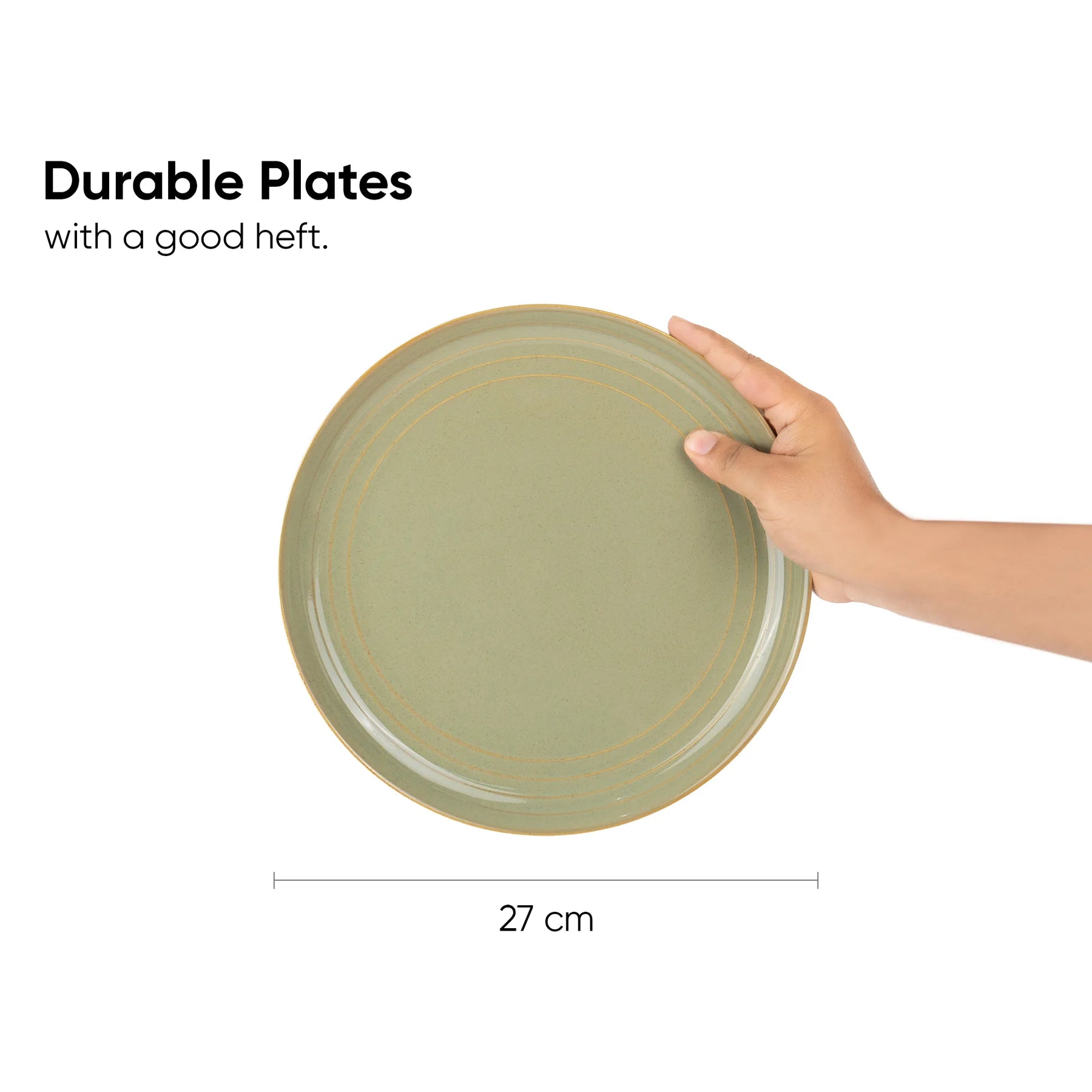 Hand holding a green plate with text about durable plates and dimensions.