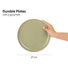 Hand holding a green plate with text about durable plates and dimensions.