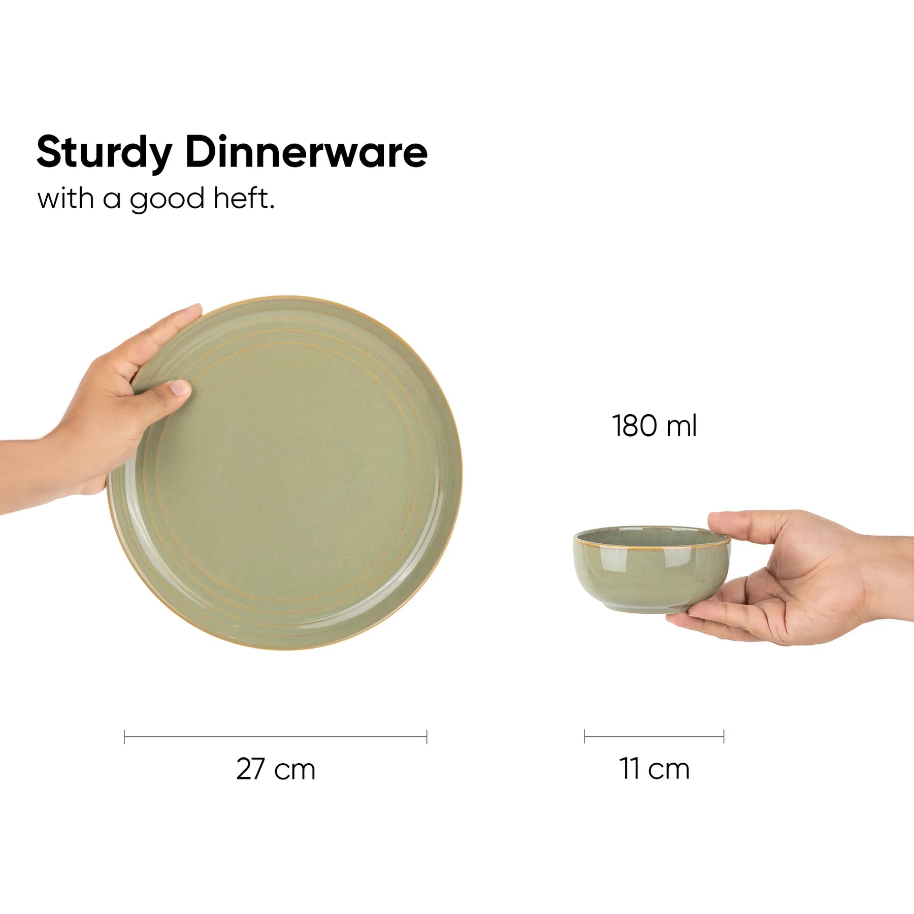 Green dinnerware set with a hand holding a plate and a bowl, showing dimensions and weight information.