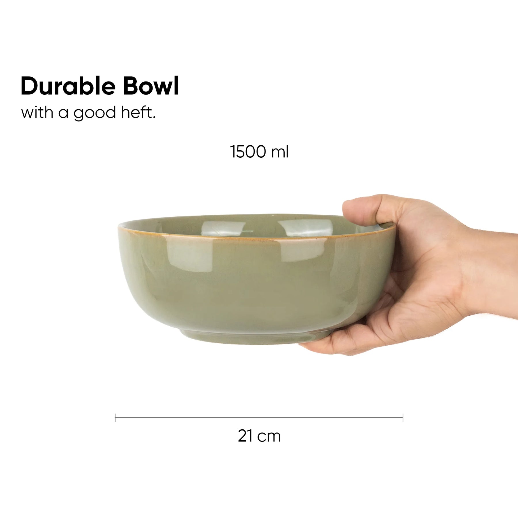 Hand holding a green bowl with text indicating its durability and capacity.