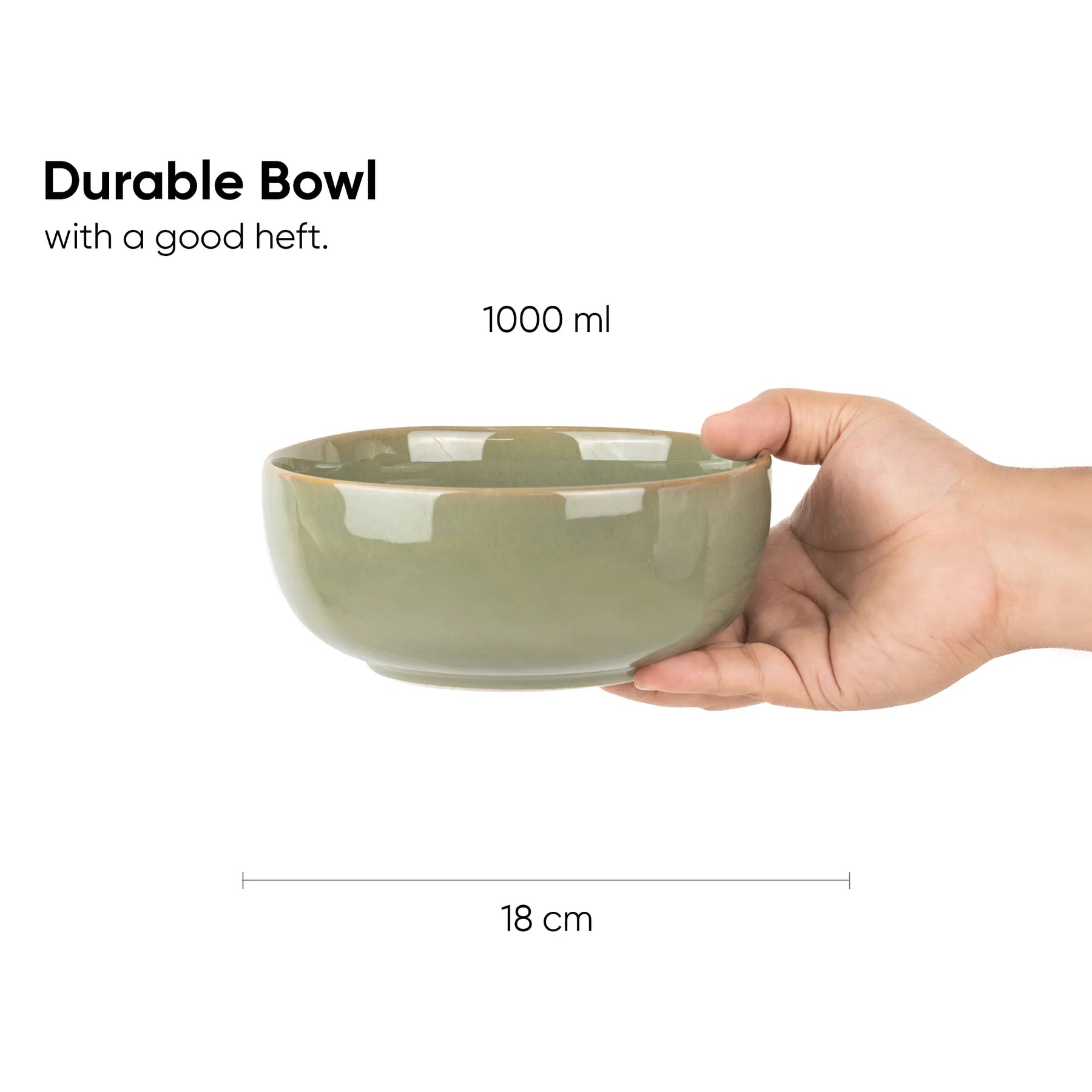 Green ceramic bowl held by a hand with text indicating its capacity and dimensions.