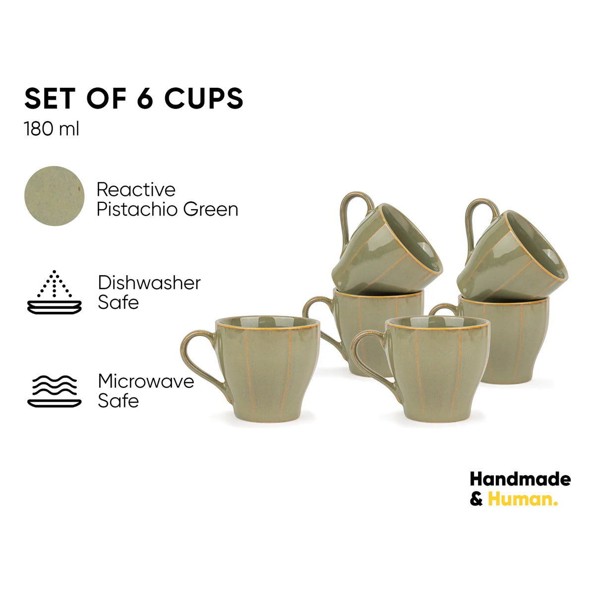 Set of 6 pistachio green cups with product details on a white background