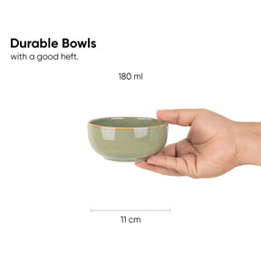 Green ceramic bowl held in a hand with text indicating size and durability.