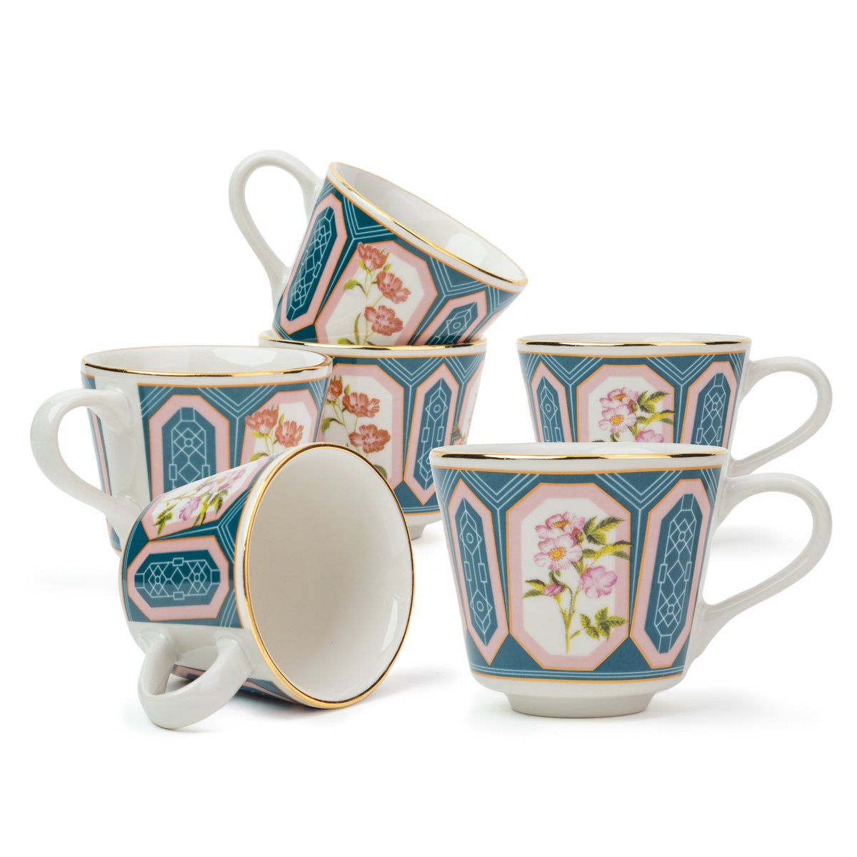 Parterre Ceramic Tea Cups with Gold Rim – 180 ML | Set of 6