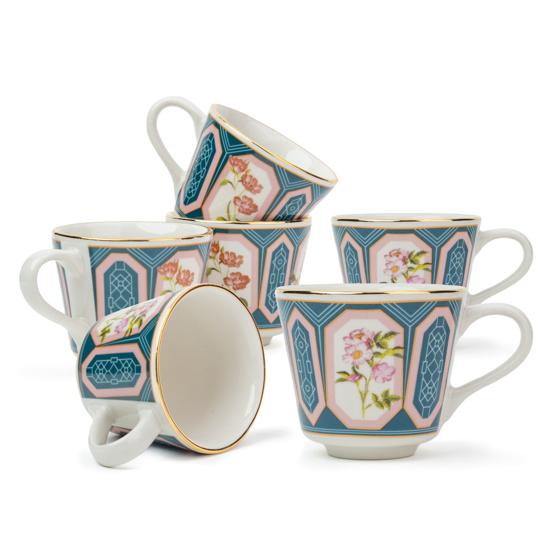 Parterre Ceramic Tea Cups with Gold Rim – 180 ML | Set of 6