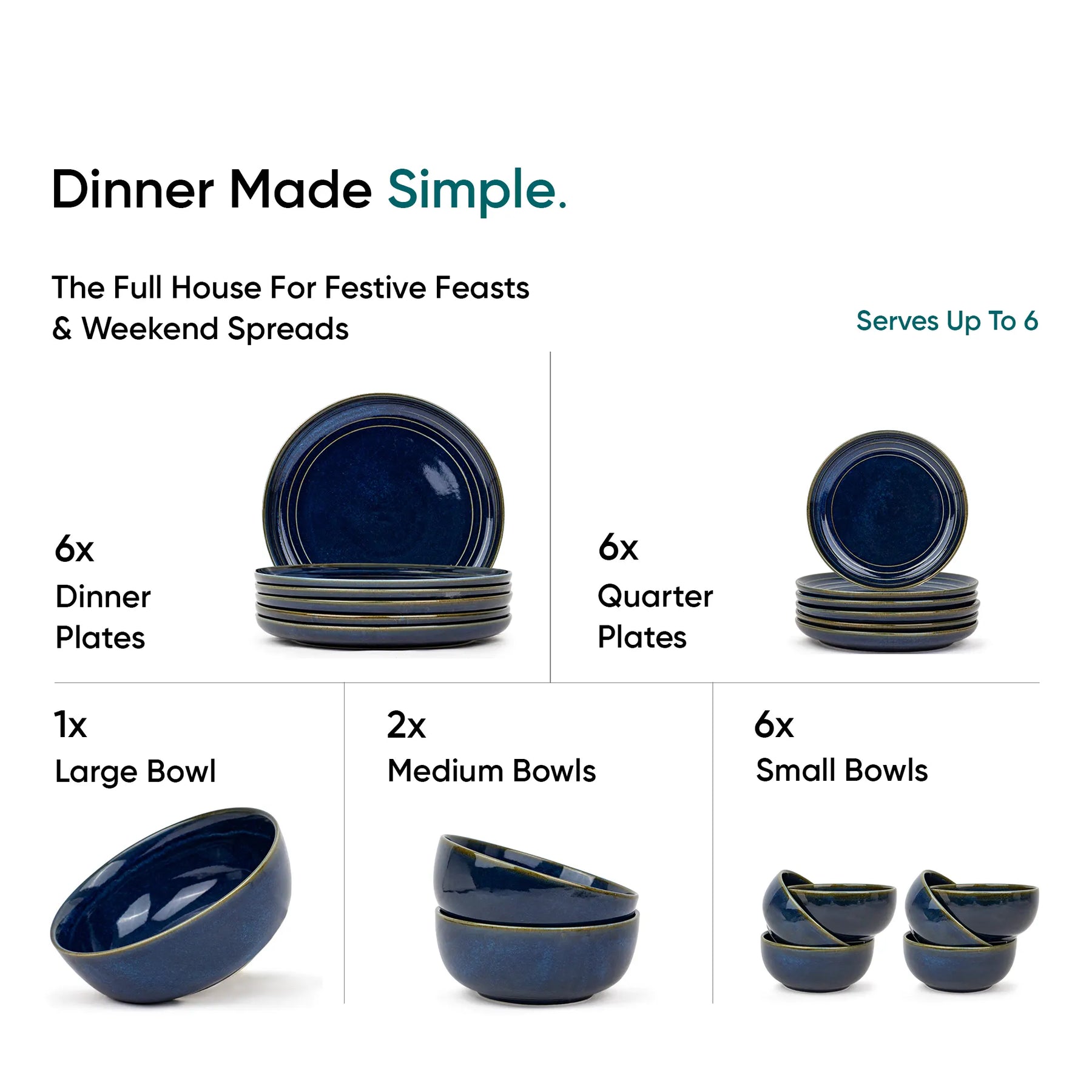 Ceramic Dinner Set | Flow Collection | 21 Pieces | Dinner Set For 6 | Blue