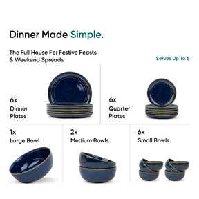 Ceramic Dinner Set | Flow Collection | 21 Pieces | Dinner Set For 6 | Blue