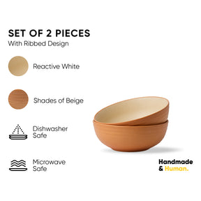 Set of two ribbed design bowls in beige with product features listed.