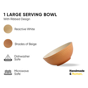 Large serving bowl with ribbed design, shown with color options and safety features on a white background.