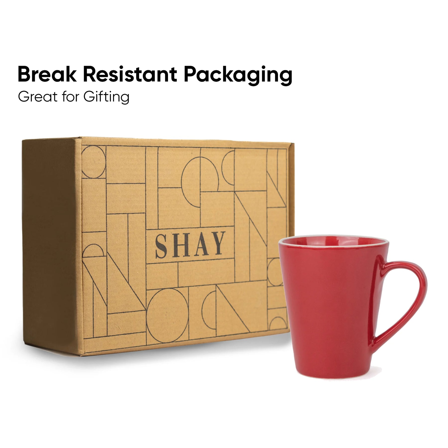 Red mug with 'SHAY' branded box on a white background, labeled 'Break Resistant Packaging'.