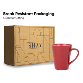 Red mug with 'SHAY' branded box on a white background, labeled 'Break Resistant Packaging'.