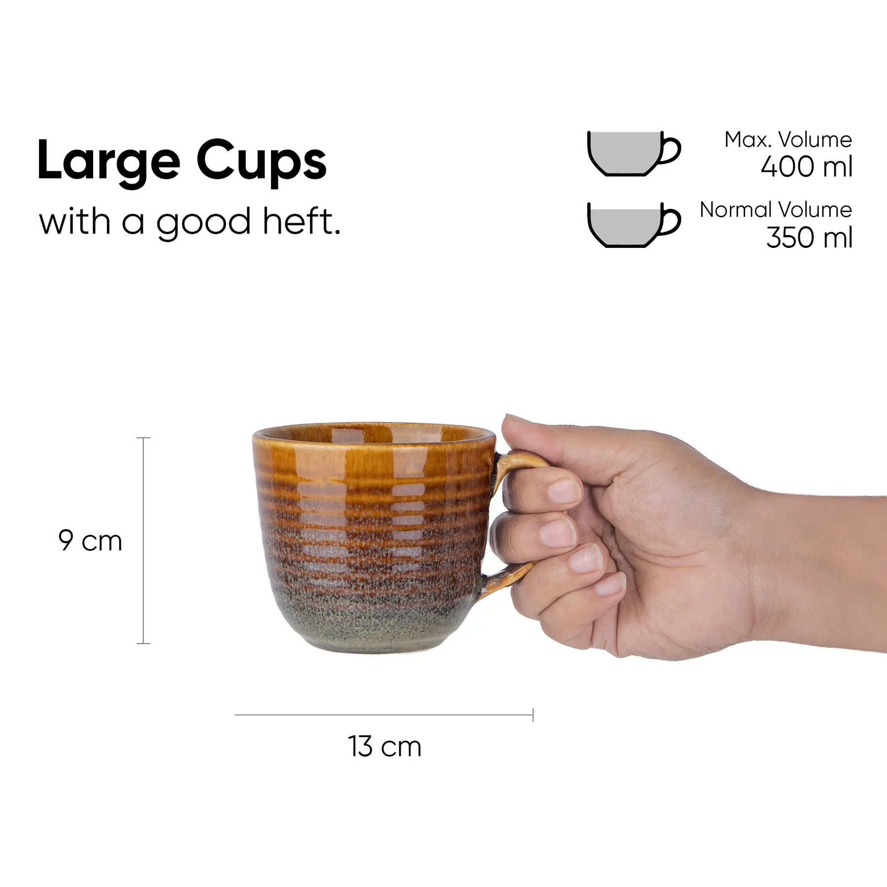 Hand holding a ceramic mug with measurements and volume details on a white background