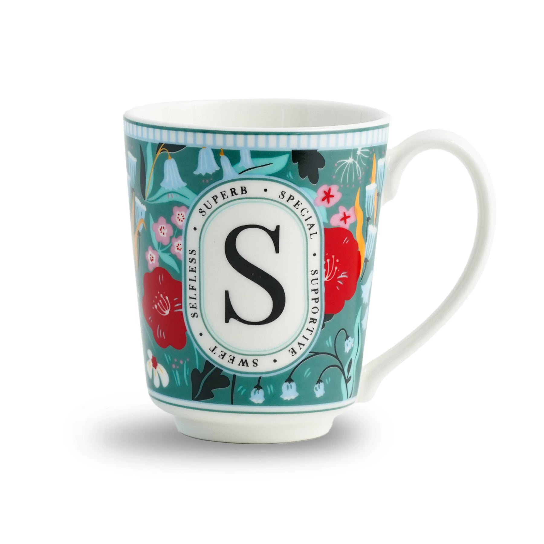 Decorative mug with floral design and letter 'S' on a white background