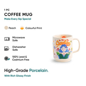 Coffee mug with colorful design on a white background