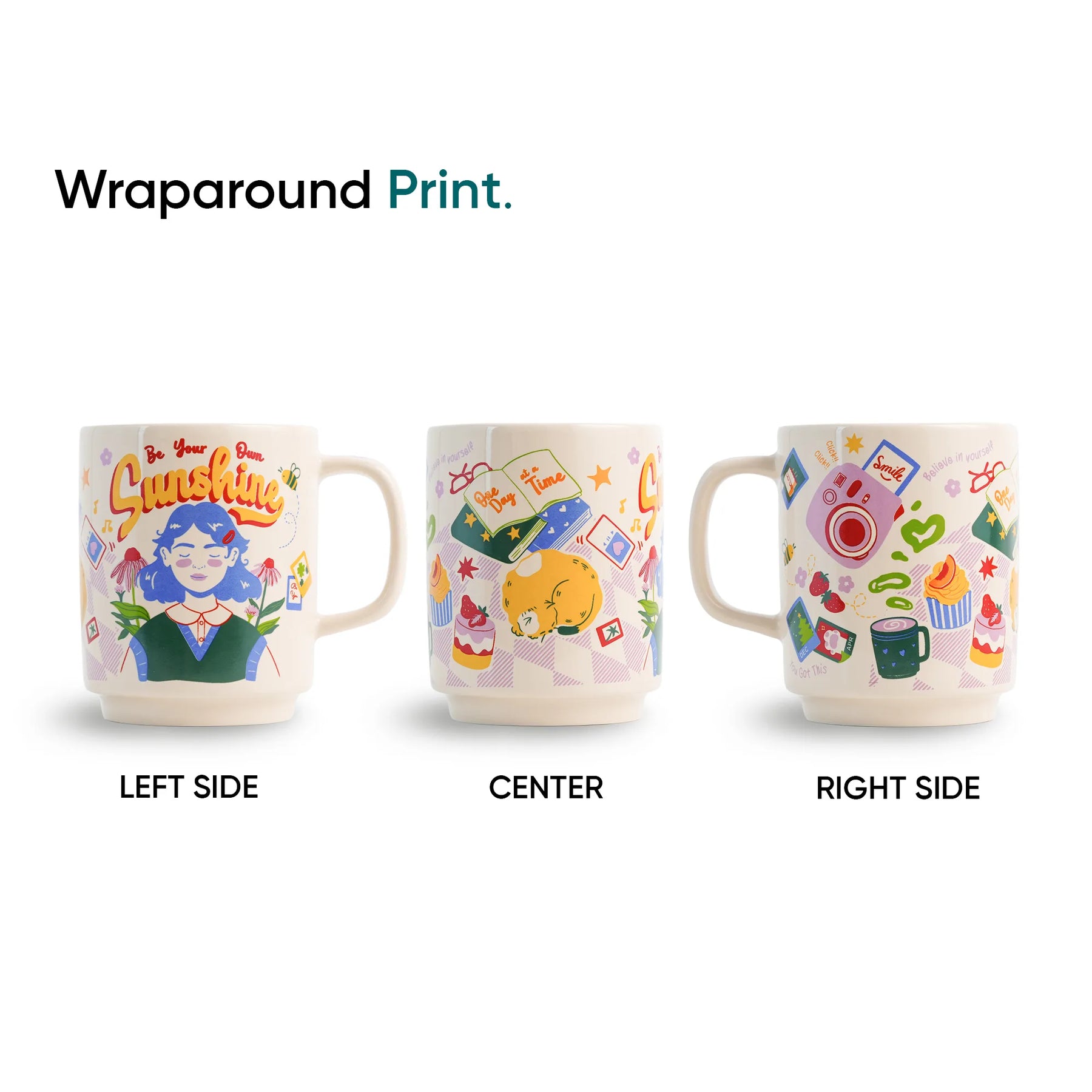 Three mugs showing different wraparound prints on a white background with 'Wraparound Print.' text.