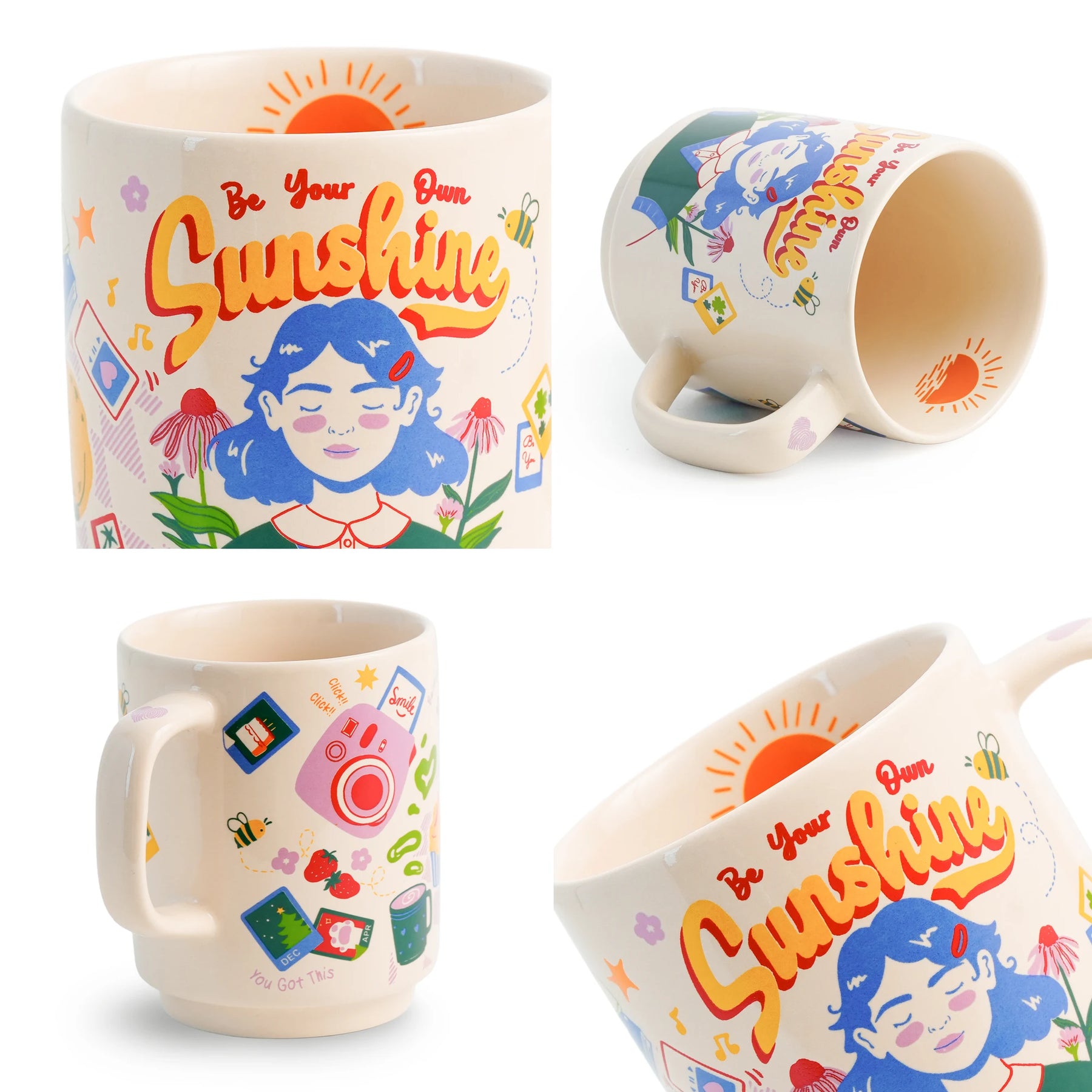 Colorful mug with 'Be Your Own Sunshine' text and illustrations on a white background