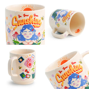 Colorful mug with 'Be Your Own Sunshine' text and illustrations on a white background