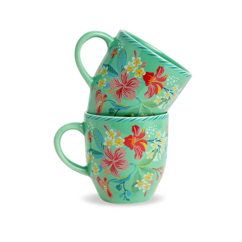 Ceramic Coffee Mugs Set of 2 Big Bold Floral Mint, 300ml