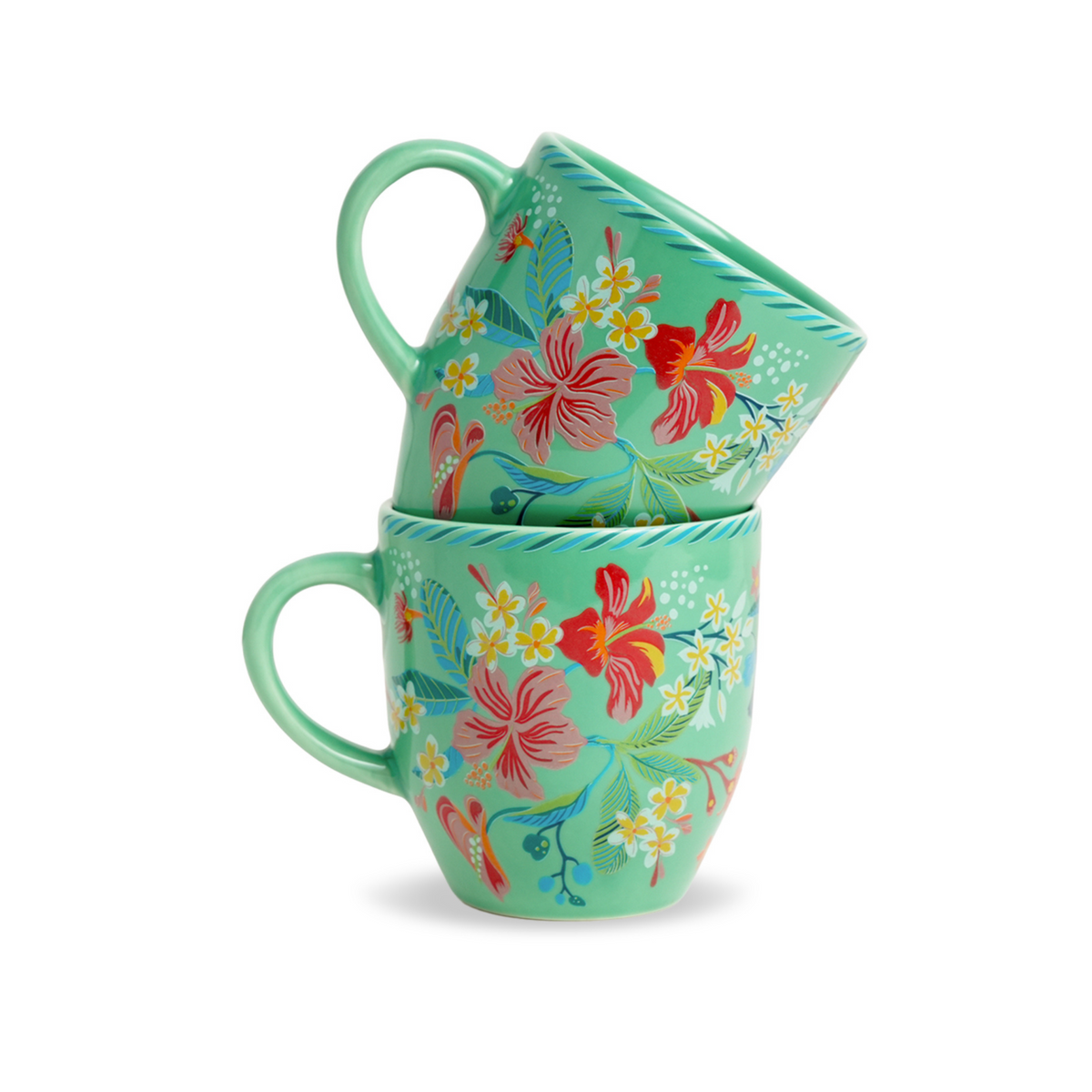 Ceramic Coffee Mugs Set of 2 – Big Bold Floral Mint, 300ml