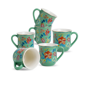 Shay Ceramic Tea Cups Set of 6  Big Bold Floral Mint, 180ml | Modern Tableware Online India