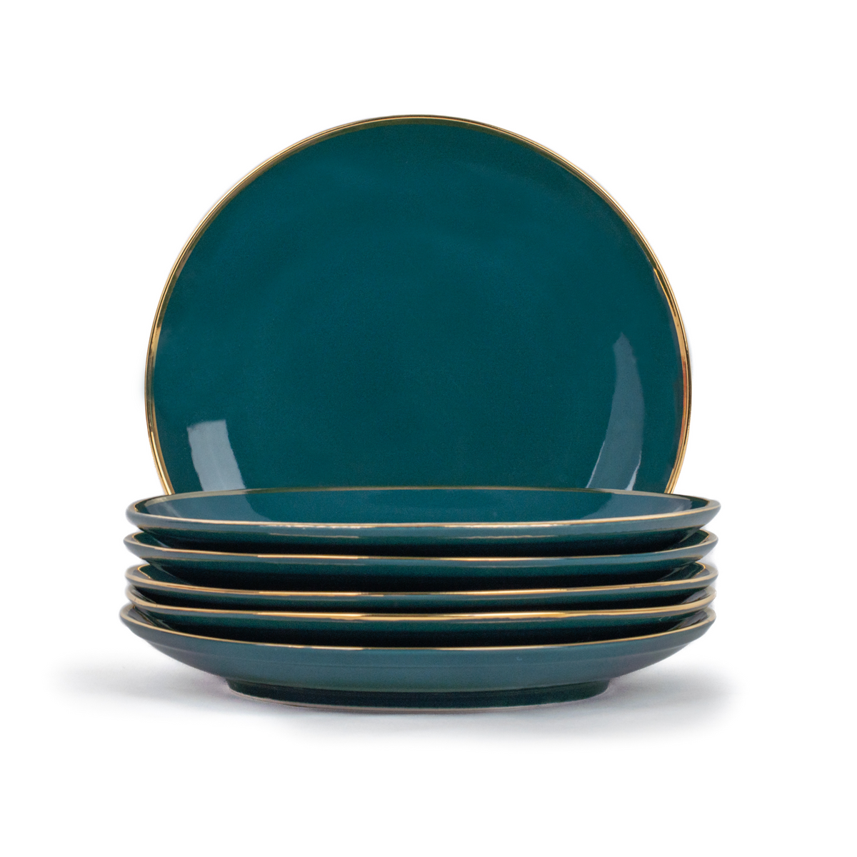 Ceramic Dinner Plates Set, 6 Pieces, Teal Gold, Goldline Collection