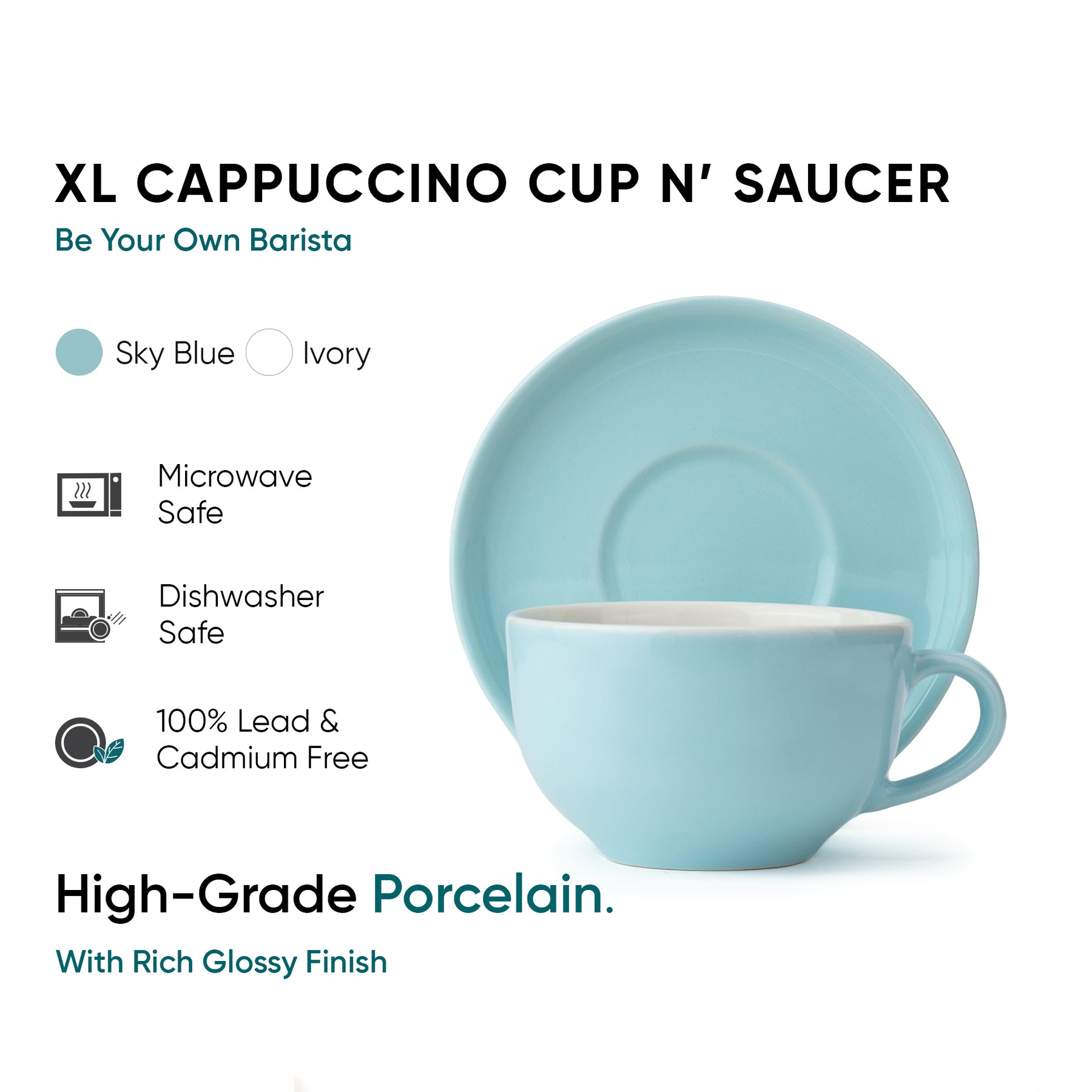 Large Light Blue Ceramic Coffee Cup & Saucer Set 320ml | XL Cuppa Collection