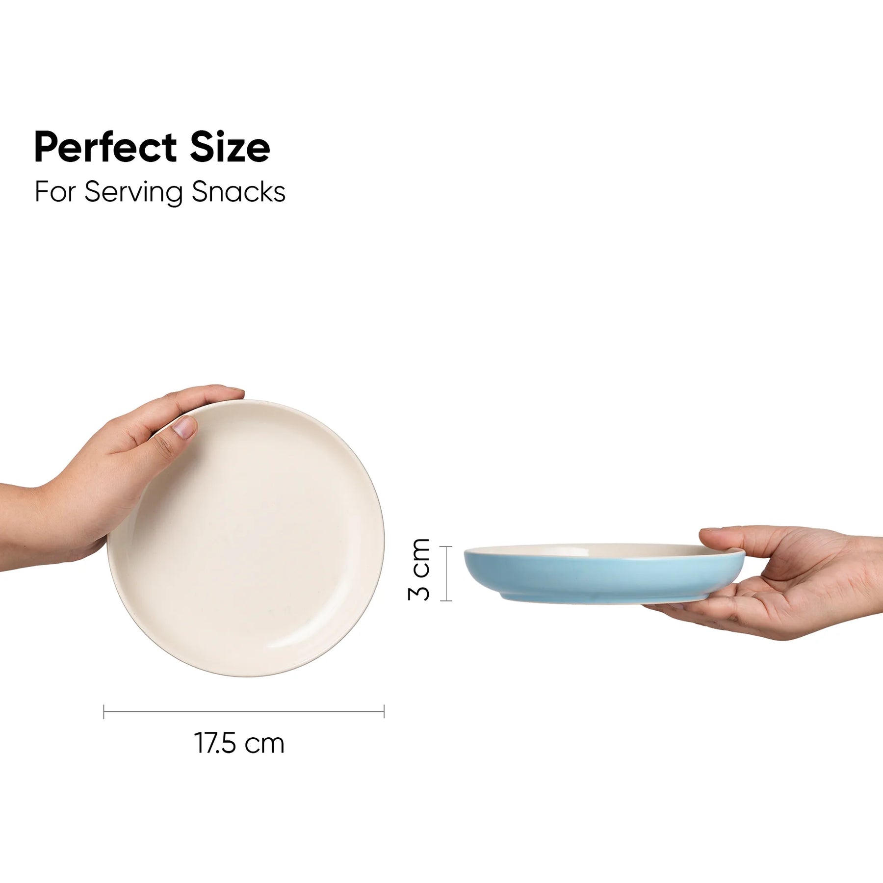 Two hands holding bowls with measurements indicating their perfect size for serving snacks.