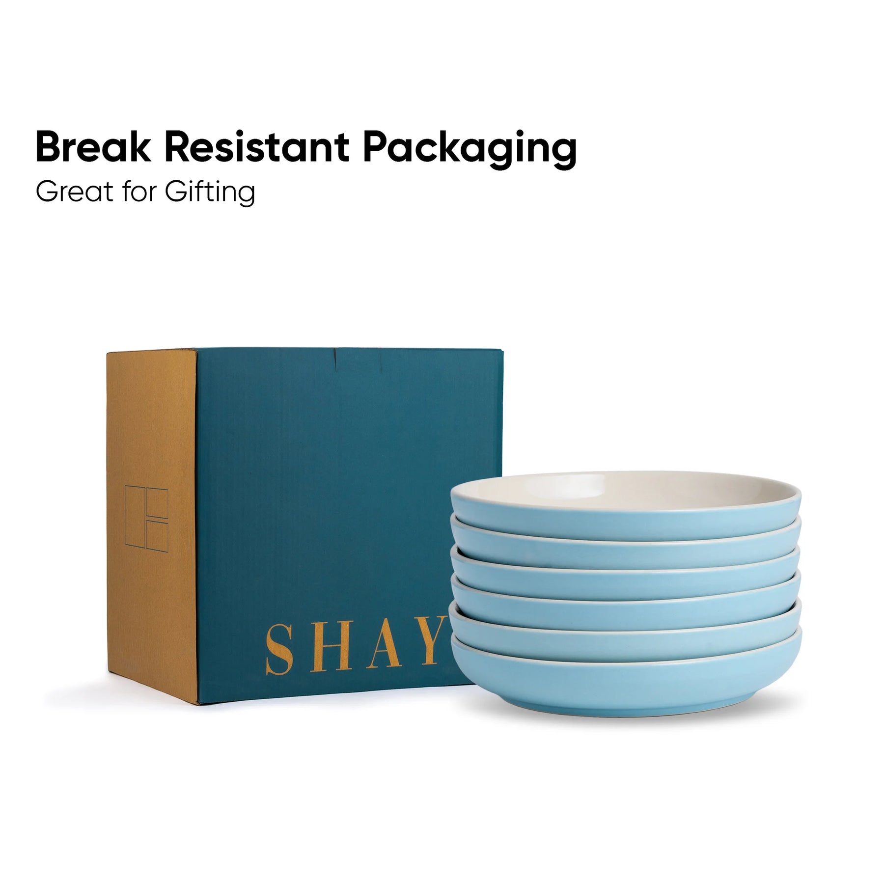 Set of blue bowls with 'SHAY' branding and break-resistant packaging on a white background