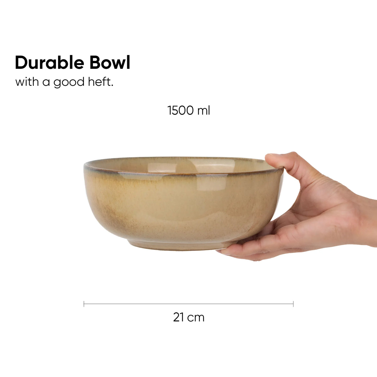 Hand holding a durable bowl with measurements on a white background