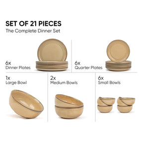 Ceramic Dinner Plates Set, 21 Pieces | Beige Self Reactive Collection | Glossy Finish