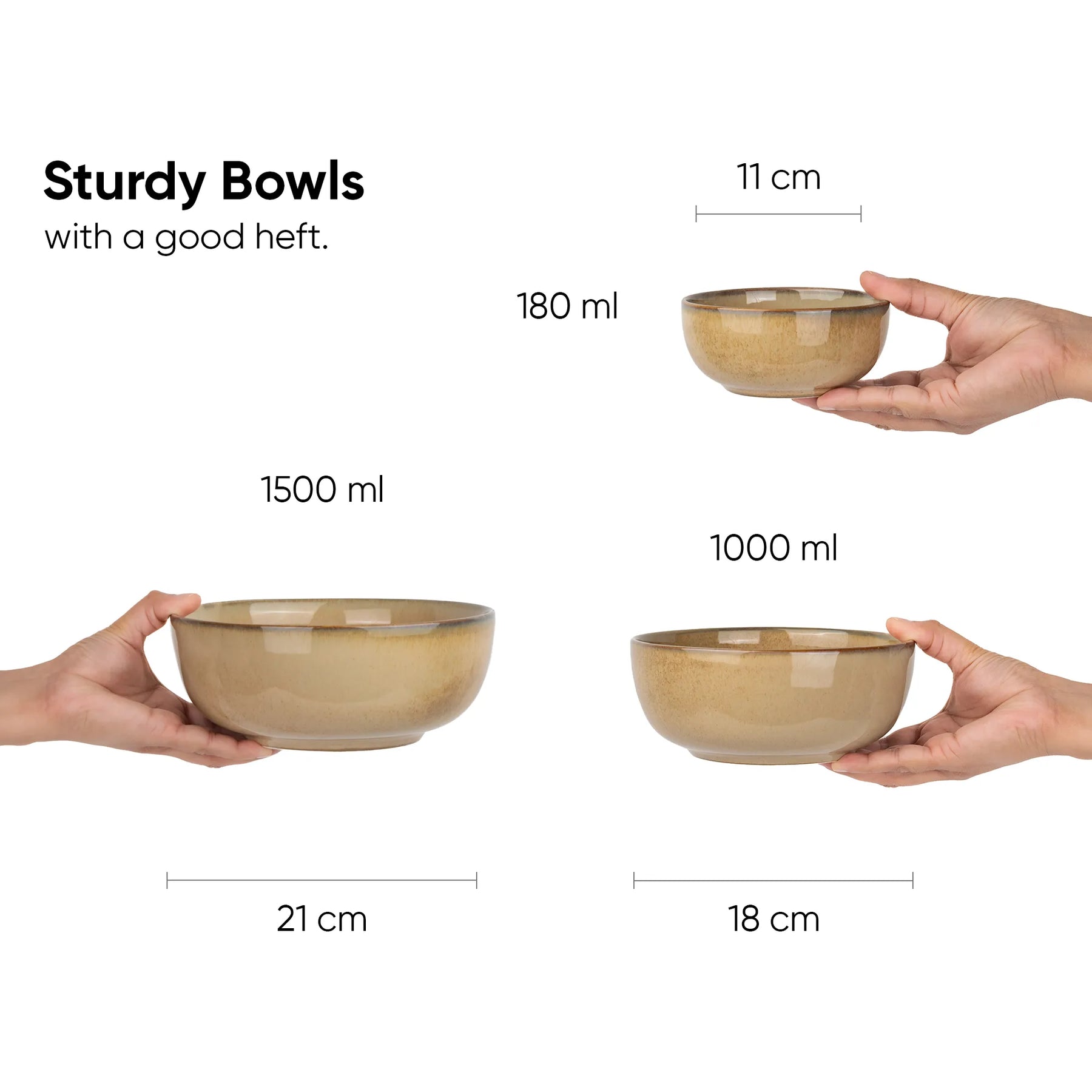 Three sturdier bowls held by hands with measurements and volume details on a white background.