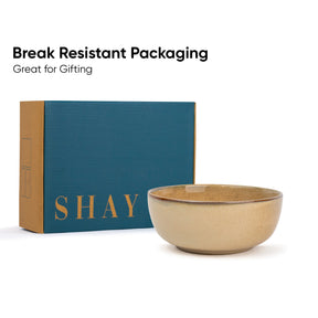 Ceramic bowl with 'SHAY' branding and break-resistant packaging on a white background