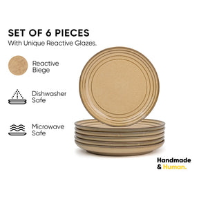 Set of 6 reactive beige plates with product features on a white background