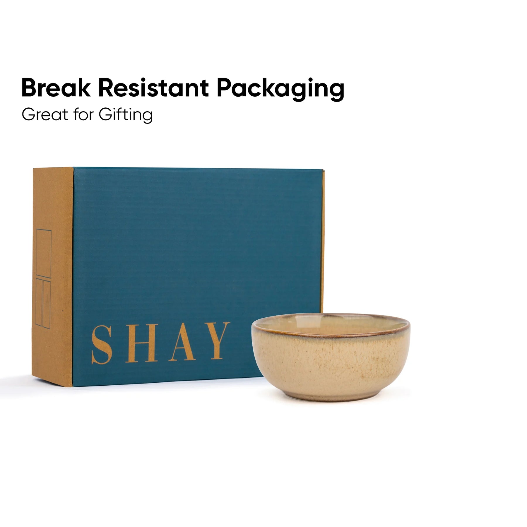 Ceramic bowl in front of a teal box with 'SHAY' branding, on a white background.
