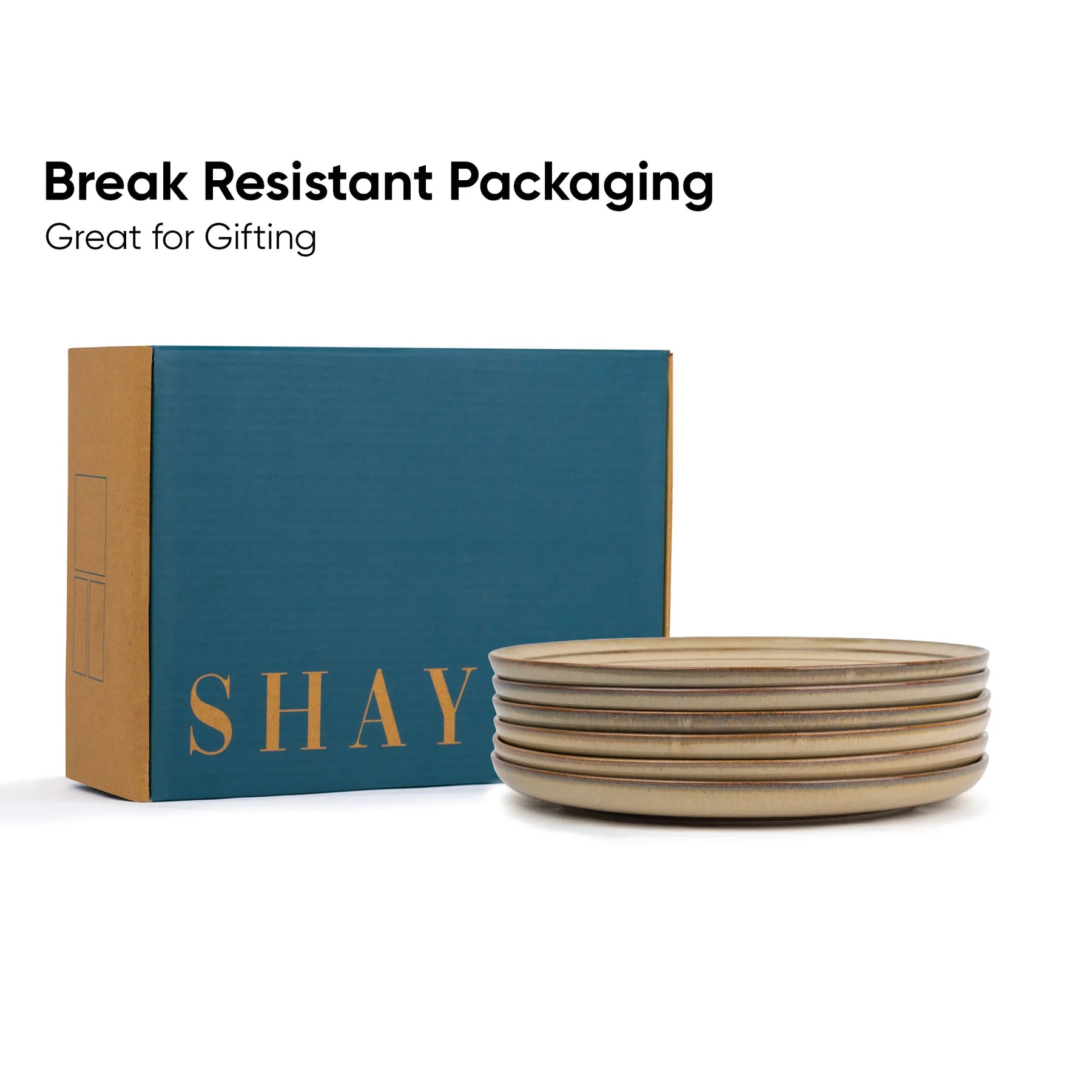 SHAY branded box with break resistant packaging and a stack of bowls on a white background