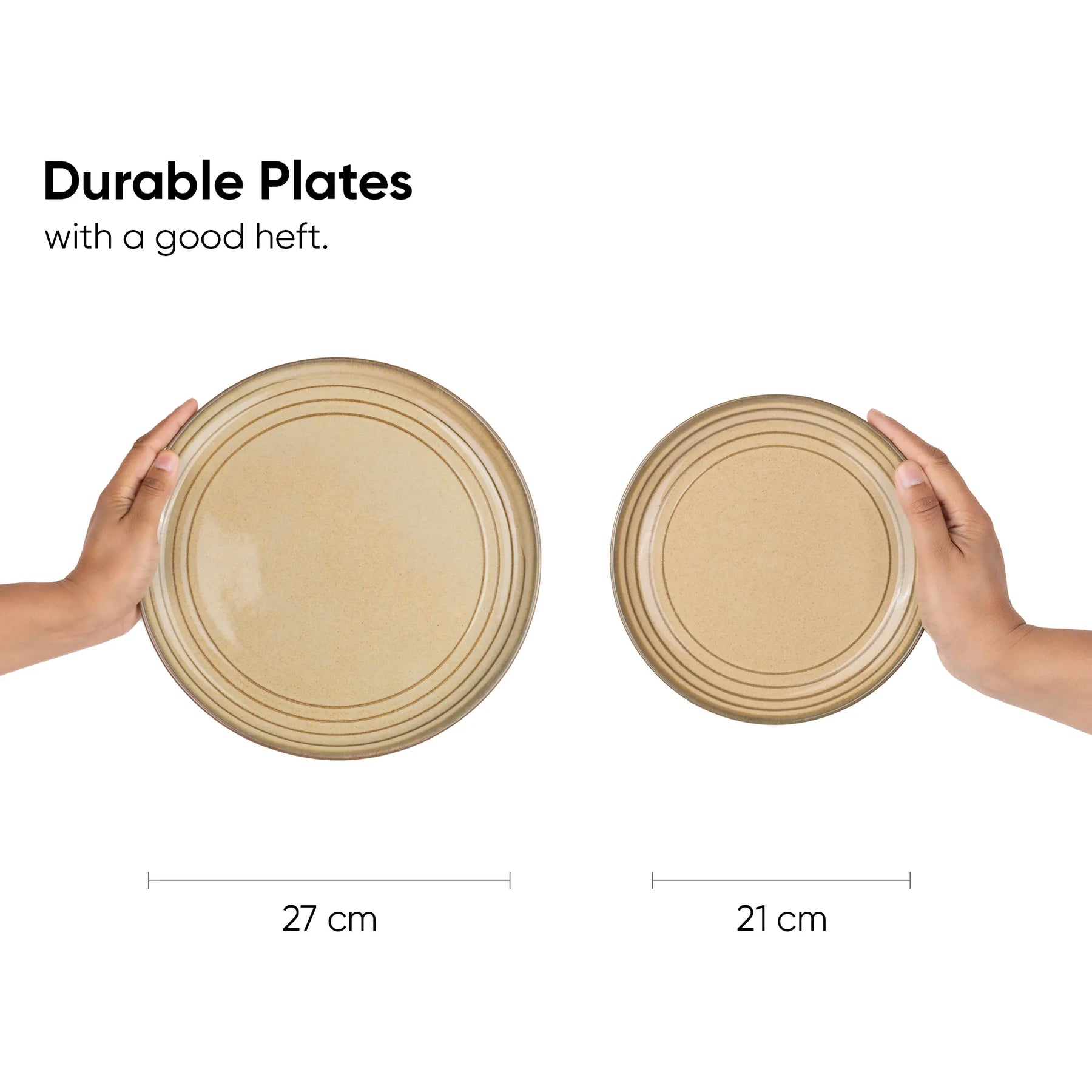 Two hands holding beige plates with measurements on a white background