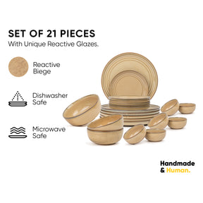 Ceramic Dinner Plates Set, 21 Pieces | Beige Self Reactive Collection | Glossy Finish