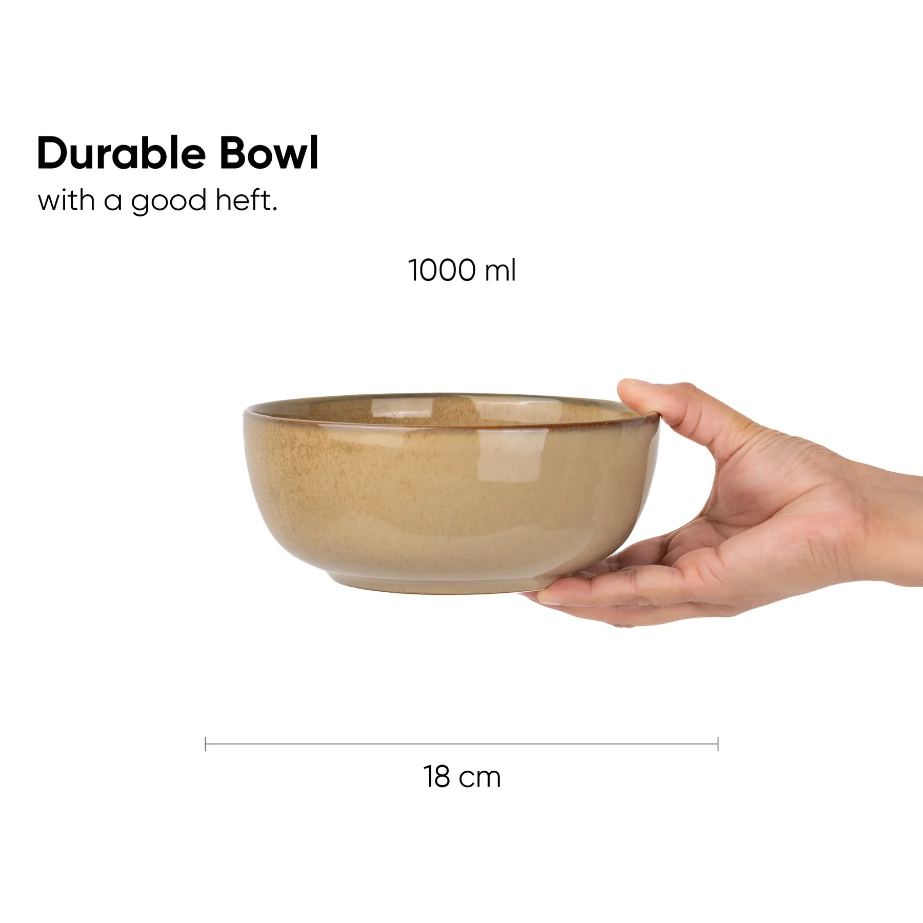 Hand holding a beige bowl with text indicating its capacity and dimensions on a white background