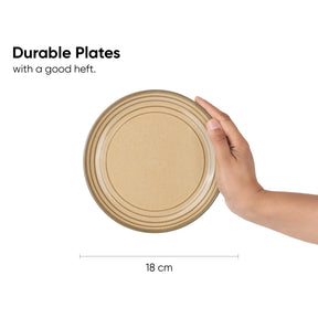 Hand holding a beige plate with text about durable plates and a measurement of 18 cm.