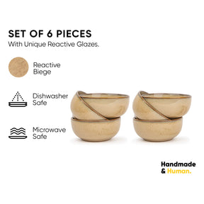 Set of 6 ceramic bowls with reactive glaze on a white background, featuring icons for dishwasher and microwave safety.