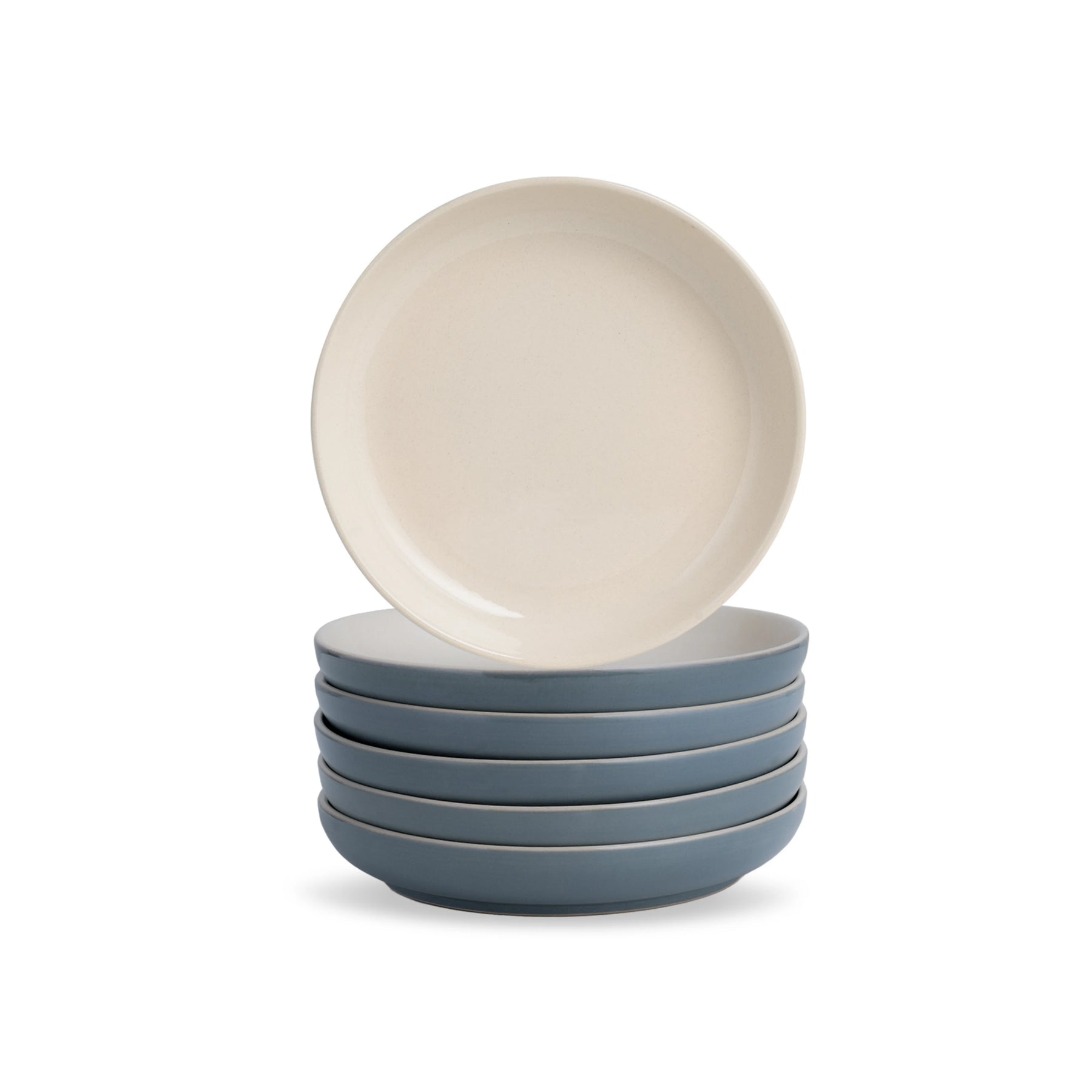 Set of four blue ceramic bowls with a beige bowl on top against a white background