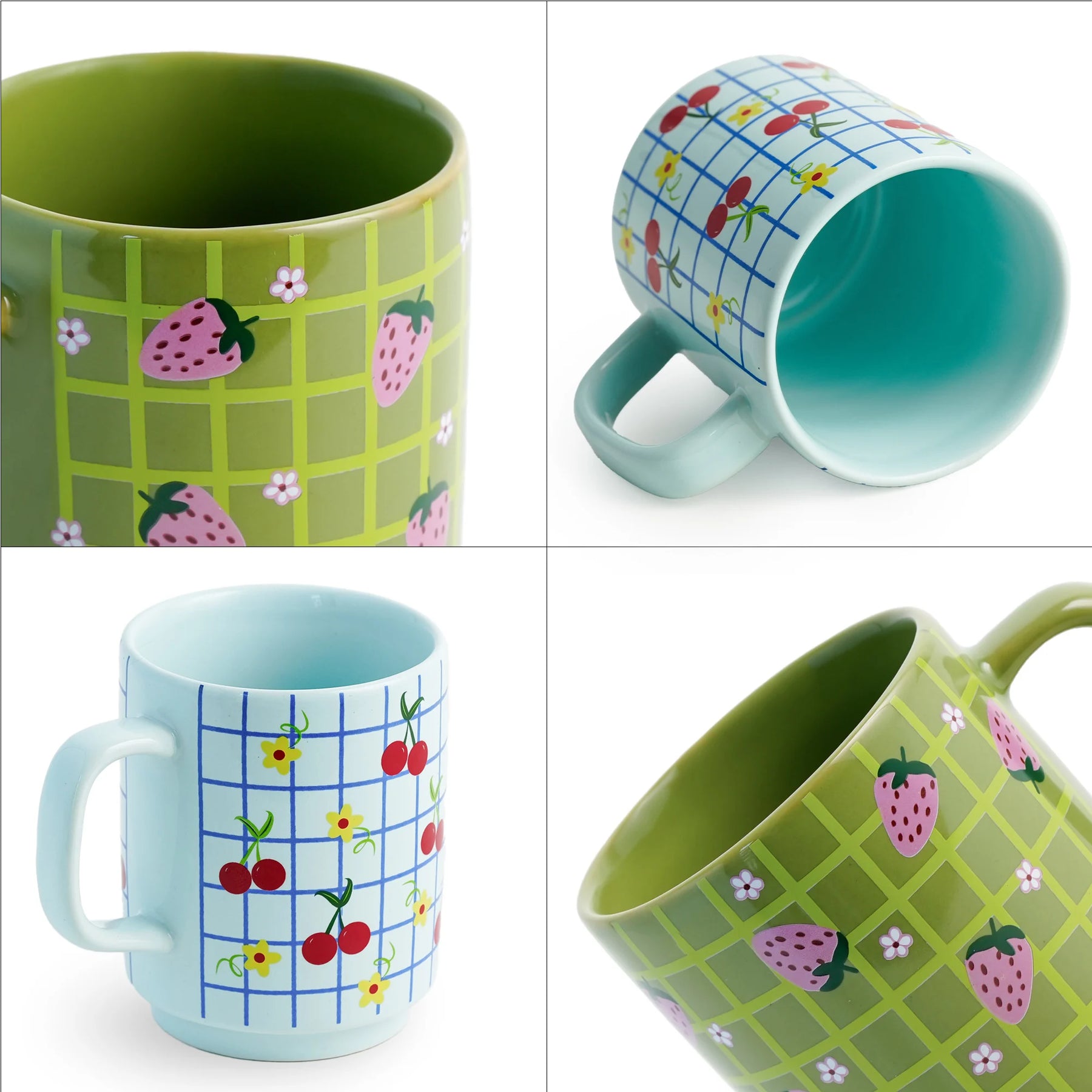 Ceramic Mug Set of 2 | Strawberry & Cherry Coffee Cups 300ml