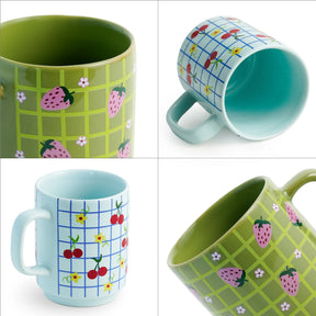 Ceramic Mug Set of 2 | Strawberry & Cherry Coffee Cups 300ml