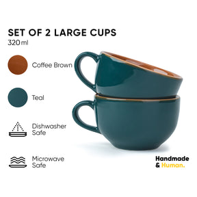 Large Ceramic Coffee Cup Set of 2, Teal Green, 320ml | XL Cuppa Collection | Glossy Finish