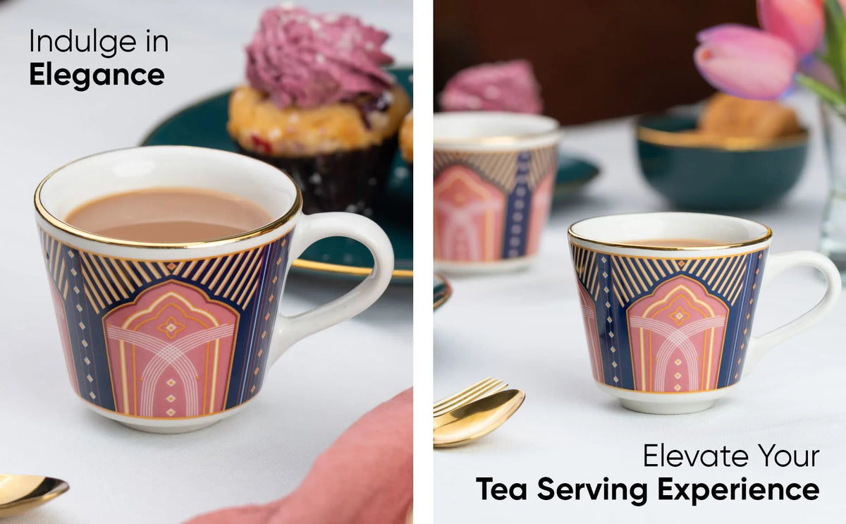 Decorative tea cup with geometric design on a white surface, accompanied by text about elevating the tea serving experience.
