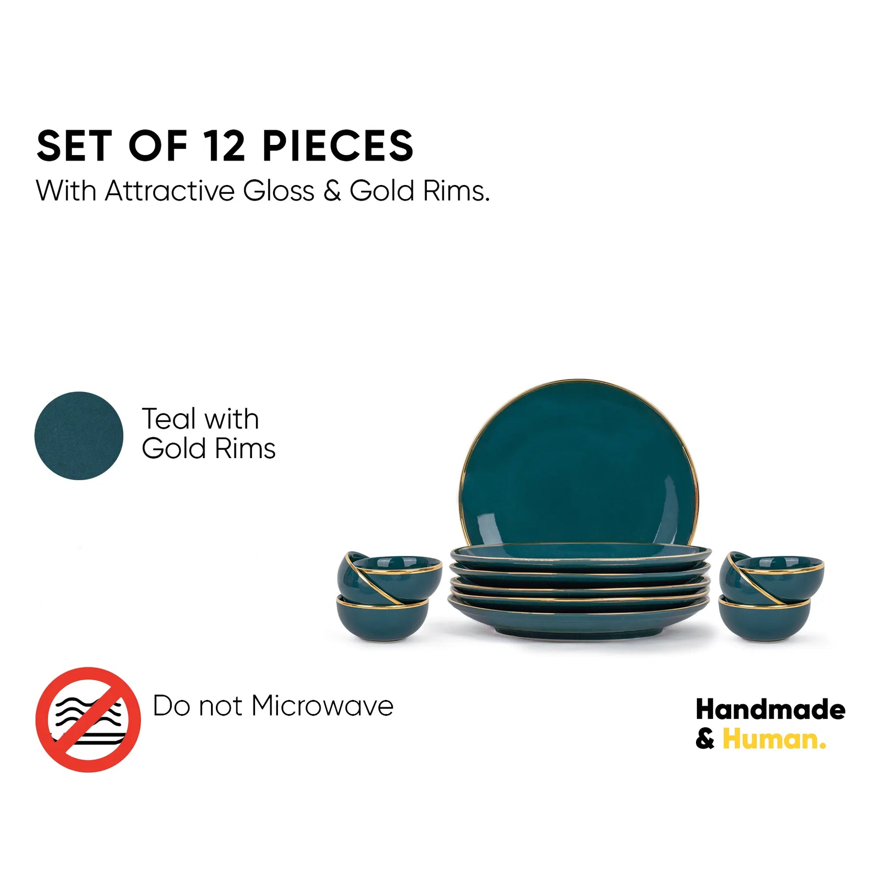 Set of teal ceramic plates with gold rims on a white background, labeled as 'Handmade & Human'.