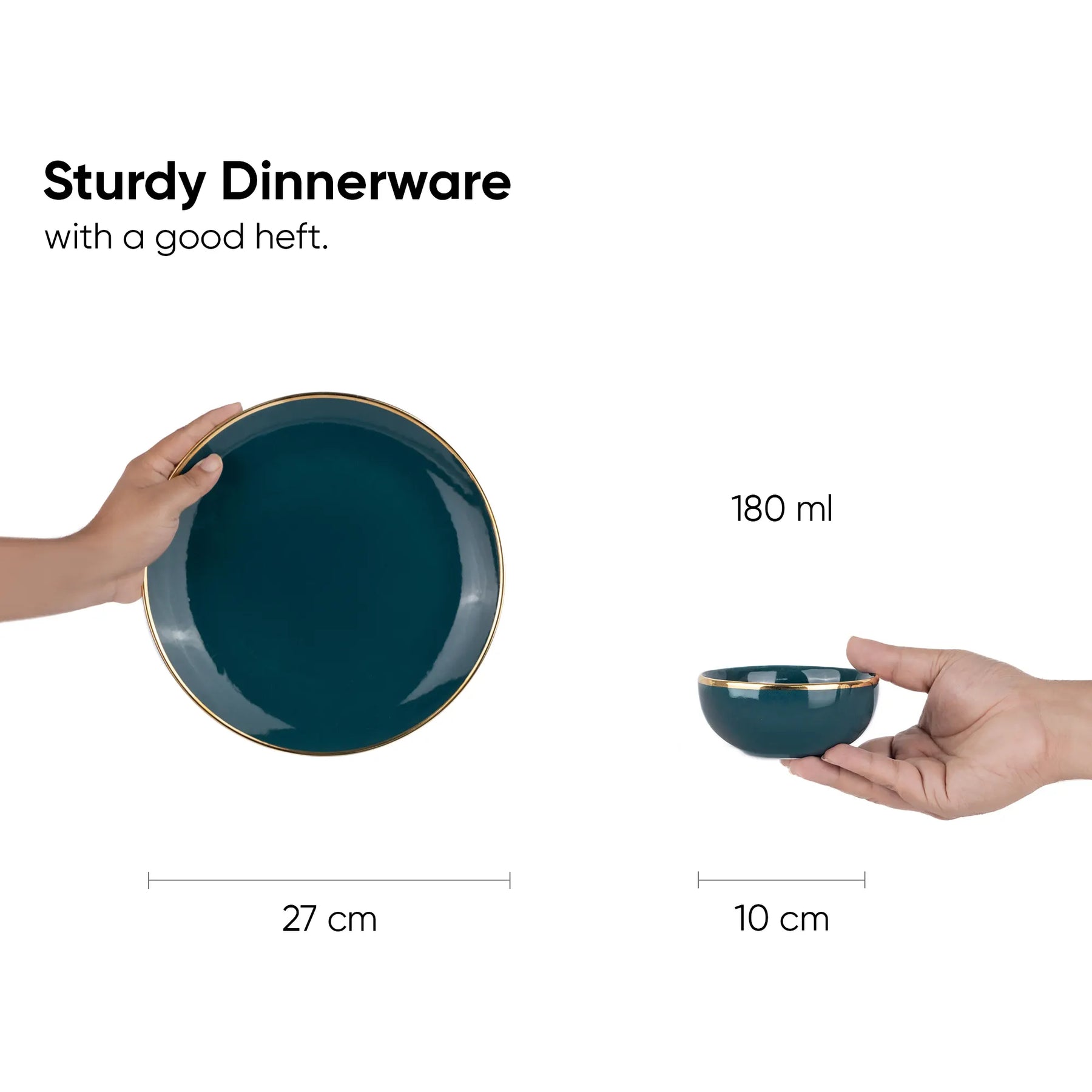 Teal dinnerware set held by hands with measurements and text on a white background