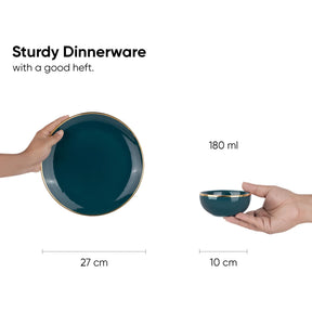 Teal dinnerware set held by hands with measurements and text on a white background
