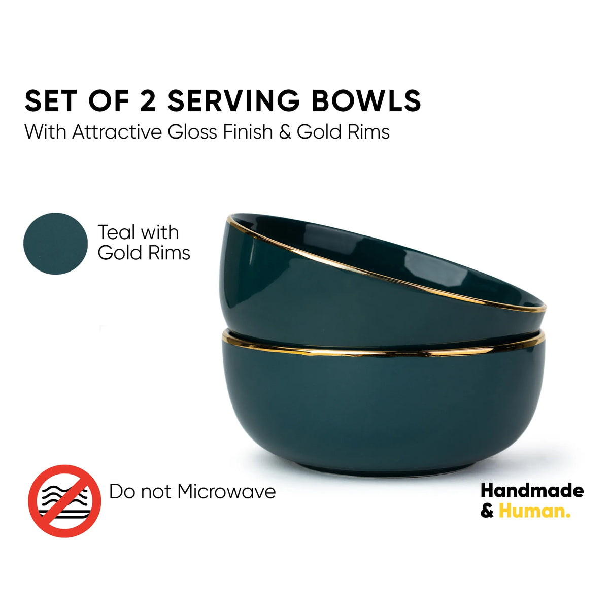 Set of 2 teal serving bowls with gold rims on a white background